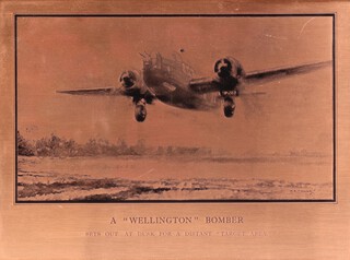 After C E Turner, a copper engraving, A "Wellington" Bomber sets out at dusk for a distant "Target Area" 19cm h x 26cm w, in a stained oak frame