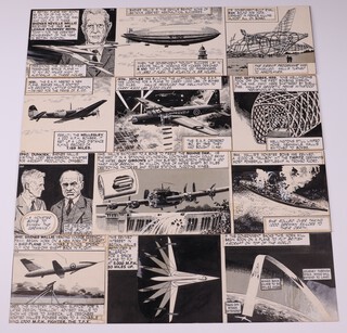 **Attributed to Martin Aitchison (1919-2016), Comic Strip depicting the Achievements of Sir Barnes Wallis, pen with ink, in several sections, 12cm h x 43cm w (x3), 12cm x 30cm and 12cm x 12.5cm. ** Artist's Re-sale Rights may be payable on this lot. Provenance: Sir Barnes Wallis thence by descent.	