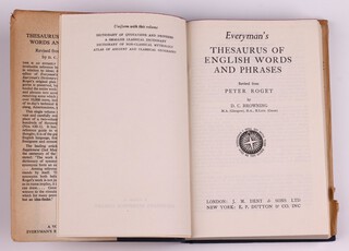 ROGET, Peter, Everyman's Thesaurus of English Words and Phrases, J.M. Dent & Sons 1952, 12mo, 572pp., bound in blue cloth, gilt lettering.  Signed B.N. Wallis Sept 1952 to endpaper
