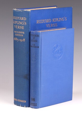 2 vols.  CHESTERTON, G.K. St Francis of Assisi, Hodder & Stoughton 1933, 12mo, 185pp., bound in blue cloth, black lettering, signed M.F. Wallis and KIPLING, Rudyard, Rudyard Kipling's Verse Inclusive Edition 1885-1918, London: Hodder & Stoughton Ltd, 8vo, 787pp., bound in blue cloth, gilt lettering, signed M.F. Wallis (Molly Wallis, Barnes' wife)