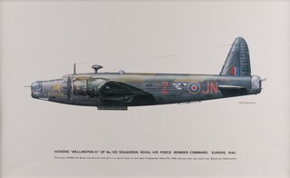 After Keith Broomfield - "Vickers Wellington III of No.150 Squadron, Royal Air Force Bomber Command, Europe 1942", 20th century colour print, 30cm x 50cm, within a stained wood frame. Provenance: Sir Barnes Wallis thence by descent. Note: Led by Vickers-Armstrongs' chief designer Rex Pierson, a key feature of the Wellington was its geodetic airframe fuselage structure, which was principally designed by Barnes Wallis.