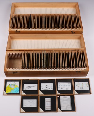 A collection of Barnes Wallis' lecture slides mainly about Supersonic flight in fitted numbered wooden boxes (93 slides, in 2 boxes)
Box F, 50 slides 
Drawings and diagrams relating to Swallow and other jet aircraft and rockets 

Box G, Supersonic Flight, 43 slides 
Slides 1-6: Swallow 
Slides 8-13: Air intake and thrust 
Slides 15-19: Aerodynamics, swing-wing 
Slides 21-25: Various Graphs and diagrams 
Slides 27-31: Stratospheric chamber and wind-tunnel diagrams 
Slides 33-38: Aerodynamics at various atmospheres; current and future aircraft 
Slides 40-43: Radio telescope design 
Slides 45-50: Hyperboloid and other drawings 

