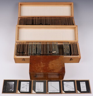 A collection of Barnes Wallis' lecture slides mainly about Supersonic flight in fitted numbered wooden boxes (106 slides in 3 boxes)
Box E, Miscellaneous drawings, 49 slides 
Slides 1-27: mainly flight, 1940s to 1950s (2 slides cracked) 
Slides 21-28: model Swallow and radio control 
Slides 29-40: Swallow as real aircraft 
Slides 41-42: missile and launch silo 
Slides 43-45: supersonic flight drawings
Slides 46-48: projectiles, bombs and torpedoes (possibly slide 48 shows Wallis' hydrodynamic torpedo) 
Slide 49: a futuristic jet aircraft(?) 

Box I, 46 slides (2 slides broken) 
Slides 1-26 Cut-away diagram of stratospheric chamber and photos of its construction 
Slides 27-34 Photos of jet aircraft, jet missile?, jet car? 
Slides 39-43 Photos of a balloon and a stratospheric balloon 
Sides 45-50 Miscellaneous 

Small Box P, 11 slides 
2 drawings of Swallow, 1 drawing of Concorde, 1 hypersonic aircraft drawing, 1 airship drawing, 1 ellipsoid drawing, 4 miscellaneous drawings, 1 miscellaneous photo 

