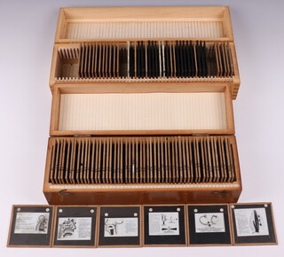 A collection of Barnes Wallis' lecture slides mainly about Aircraft and their performance in fitted numbered wooden boxes (95 slides, in 2 boxes) 
Box B, 50 slides, 1 cracked 
Graphs relating to performance of normal and swing-wing aircraft, including supersonic 

Box U, Misc, 45 slides 
Slides 1-18 Medical concentrates on mouth & nose, throat, lungs. 
Slides 21-34 Aircraft (one slide cracked) photos of aircraft, range from historic aircraft (1900ish) through WW2 fighters to 1960s commercial jets and Swallow 
Slides 34-43 The geodetic structure of the Wellington bomber. 
Slides 46-50 Committee slides show the four components of a Management Committee. 