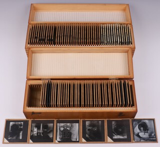 A collection of Barnes Wallis' lecture slides mainly about Aircraft and their Performance in fitted numbered wooden boxes (98 slides, in 2 boxes)
Box C, Graphs, 49 slides 
Graphs mainly relating to aircraft speed, ceiling, range, including supersonic. 

Box J, Illustrations, 49 slides, 1 cracked 
Slides 1-26 Photographs of the stratospheric chamber 
Slides 27-34 Miscellaneous photos 
Slides 35-44 Photos of jet aircraft and rockets 
Slides 45-48 Photos of spitfires and flying boats 
Slide 49 Newspaper cartoon 
