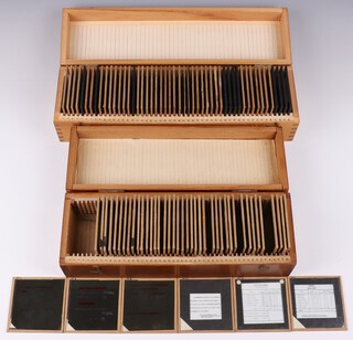 A collection of Barnes Wallis' lecture slides mainly about Aircraft performance and air travel in fitted numbered wooden boxes (96 slides, in 2 boxes)
Box M, 46 slides 
Slides 1-31 Text and Tables relating to aircraft performance, conventional and supersonic 
Slides 33-38 Text etc for a lecture on the role of research 
Slides 40-44 Tables for land, sea and air travel and transport 
Slides 47-50 Miscellaneous 

Box Q, Formulae, Graphs and Tables, 50 slides (one slide cracked) 
Metal alloy testing. Aircraft loading, performance. Paraboloids. Some slides in French. 