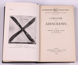 PARK, Whyrill E.  A Treatise on Airscrews.  London: Chapman & Hall, Ltd. 1920.  8vo, 308pp.  Original blue cloth, gilt lettered spine. Stamped Airship Guarantee Co Ltd. Fold out propellor diagram. 