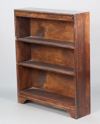 A 1930's oak and plywood 3 tier open bookcase  112cm h x 92cm w x 24cm 