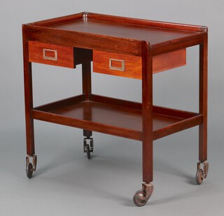 A 1930's rectangular mahogany and plywood 2 tier trolley fitted 2 drawers, raised on sprung and rubber wheels 76cm h x 76cm w x 46cm d. 