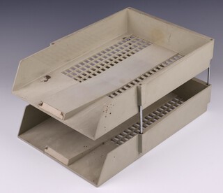 M Mayers & Sons Ltd., a rectangular metal and grey plastic pierced 2 tier filing tray marked M*Y*E*R*S 44 19cm h x 38cm l x 28cm w