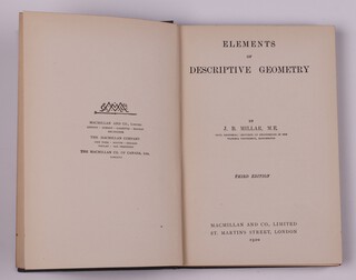 MILLAR, J. B. Elements of Descriptive Geometry.  London:  Macmillan and Co., Limited 1920. 12mo, 202pp.  Original blue cloth with black lettered spine.  Fading to spine and cover, minor rubbing to corners and edges of spine, stains to inner pages, page to the back not separated.  Signed B.N.Wallis 