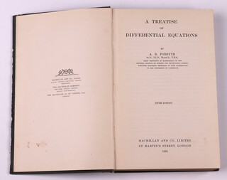 FORSYTH A. R.  A Treatise on Differential Equations.  London: Macmillan and Co., Limited 1921. Fifth Edition  8vo, 580pp.  Original green cloth with gilt lettered spine.  Fading to spine and cover, rubbing to corners and edges, possible rodent damage to edges of cover and spine. Stamped Airship Company Guarantee Company Ltd to book block.