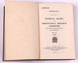Technical Report of the Advisory Committee for Aeronautics For 1921-22, Vol. 3. Airships.  London: Published by His Majesty's Stationery Office. 1924. Lg. 8vo, pages 637 - 1117.  Original grey cloth with black lettered spine.  Rubbing to corners and edges of spine, possible rodent damage to spine, ink marks to front cover, stain to inside page. Stamped Airship Company Guarantee Company Ltd to book block