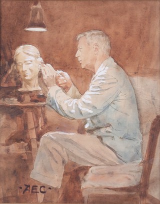 Alfred Egerton Cooper R.B.A. (British, 1883-1974) Portrait of Barnes Wallis sculpting a wood carving of his wife Molly, watercolour, signed with initals, 30cm x 24cm, within a stained wood frame. Provenance: Sir Barnes Wallis thence by descent. Note: Cooper produced two versions of this tender portrait displaying WallisÃ¢??s devotion to his wife Molly. The other version painted in oils was sold at Dominic Winter on 17th December 2020, lot no. 331.