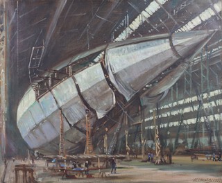 **Alfred Egerton Cooper R.B.A. (British, 1883-1974) "Putting on the outer fabric covering of the R100 in the shed at Hendon", oil on canvas, signed and dated 1928 recto, additionally signed and dated 1928 with Bourlet label verso, 64cm x 77cm, within a painted wood frame. 76cm x 88cm. ** Artist's Re-sale Rights may be payable on this lot Provenance: Sir Barnes Wallis thence by descent. Note: The painting was reproduced in full colour in The Sphere, 28 September 1929, p. 26. It is prominently displayed on the wall of Barnes Wallis's office in the 1955 film "The Dam Busters", widely regarded as one of the best-known and most beloved British war films of the post-Second World War era, and appears in several publicity photographs of Barnes Wallis, including Roger George Clark's portrait of Sir Barnes Wallis at his desk, now in the collection of the National Portrait Gallery 