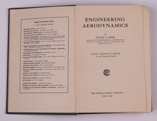 DIEHL, Walter S.  Engineering Aerodynamics.  New York: The Ronald Press Company  1928.  8vo, 288pp. Original blue cloth with gilt lettered spine.   Fading to spine and cover, rubbing to corners and edges of spine.  Initialled B.N.W. Feb 1930
