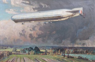 Alfred Egerton Cooper R.B.A. (British, 1883-1974) - HMA 9 Airship in Flight over Norfolk, oil on canvas, signed and dated 1917 recto, Bourlet label verso, 58cm h x 89cm w, within a painted wood frame. Provenance: Sir Barnes Wallis thence by descent. Exhibited: possibly "Airships in Peace and War"? Prince's Gallery, Knightsbridge, September 1919.  The No 9 was the first airship Barnes Wallis worked on as an assistant at Vickers with Chief Designer H B Pratt and the first British airship to fly. A E Cooper and Barnes Wallis were close friends and Cooper is thought to have  gifted the picture to Wallis.  The painting likely depicts flight over Norfolk as the Airship was stationed from October 17th 1917 at Royal Naval Air Service Station Pulham (later RAF Pulham).   The painting is clearly visible in many publicity photographs of Wallis in his office.