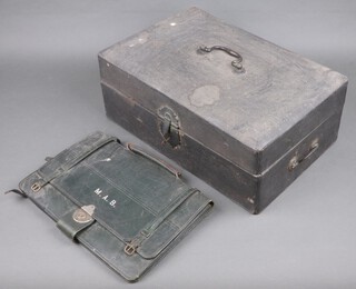 A 19th Century rectangular dispatch box with brass swan neck drop handles to both sides (lock has been forced) 18h x 48w x 31d and a green leather satchel 