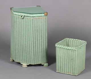 A green painted, square Lloyd Loom, wastepaper basket 30cm h x 24cm w x 24cm d, together with a green painted corner laundry  basket with plate glass top 60cm h x 33cm w x 33cm d 