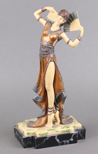 An Art Deco style figure of a standing fan dancer "La Danseuse" on a shaped base 36cm h