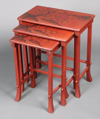 A nest of 3 Japanese rectangular lacquered coffee tables with floral decoration 64cm h x 57cm w x 34cm d 
