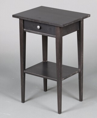 A rectangular ebonised 2 tier bedside table fitted a drawer raised on square supports 70cm h x 46cm w x 35cm d 