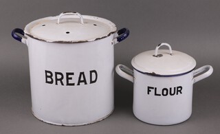 A white and black twin handled enamelled bread bin 27cm x 27cm and  a flour bin 17cm x 20cm (chips to enamel)