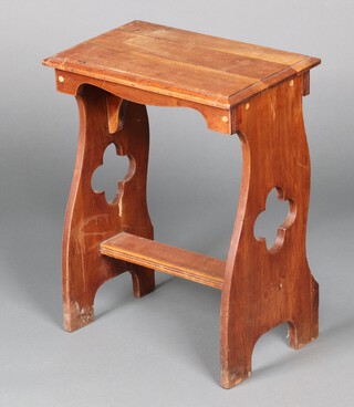 A rectangular oak, Gothic style, organ stool with H framed stretcher 61cm h x 89cm w x 28cm d 
