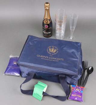 A Queen's Golden Jubilee 2000, The Queen's Concerts Buckingham Palace cool bag, containing half a bottle of Lanson champagne, 3 plastic glasses etc 