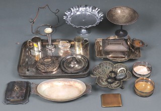 A rectangular silver plated galleried tea tray, silver plated cake basket and other plated items 
