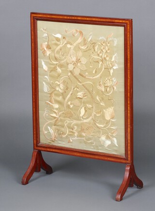 A fire screen with embroidered panel, (burn marks to the reverse) 