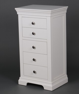 Cotswold Company, a white laminate pedestal chest of 5 drawers with chrome handles, on bracket feet 103cm h x 55cm w x 42cm d (bruise to lop left corner)