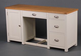 Cotswold Company, a white laminate and oak finished desk/dressing table with a fall front drawer, flanked by cupboard and 3 drawers 79cm h x 154cm w x 50cm d 