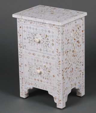 A Moorish style and mother of pearl effect 2 drawer bedside chest 60cm h x 40cm w x 30cm d 