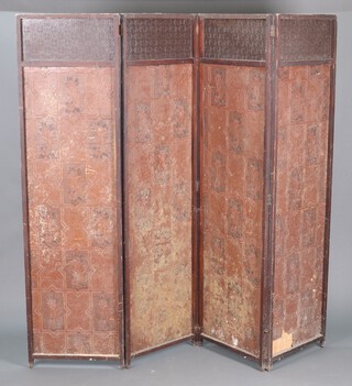 An Edwardian oak and pressed paper 4 section dressing screen 182h x 200w (some damp marks in places)