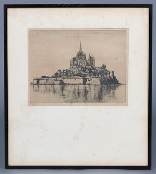 James Macintyre, an etching, 'St Enoch Church Glasgow" 30h x 25w,  3 other etchings - Cathedral gate, Venetian canal and  St Michaels Mount, E A Barlowe etching of Notre Dames Cathedral and 4 other etchings   