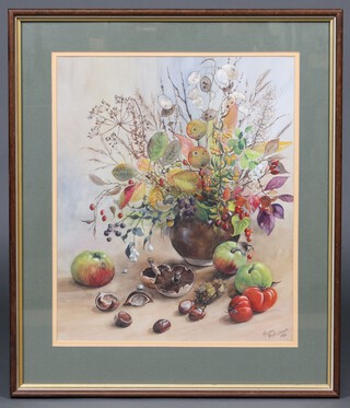 Maureen Rush October 1986, watercolour, still life study of a vase of flowers, apples and mushrooms 48cm x 40cm 