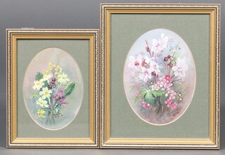 Maureen Rush, watercolour, still life study of primroses 15cm x 11cm and 1 other 18cm x 13cm, both oval 
