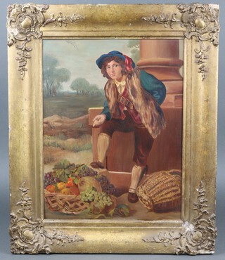 Oil on board, study of a gentleman standing by a basket of fruit, 41h x 32w 