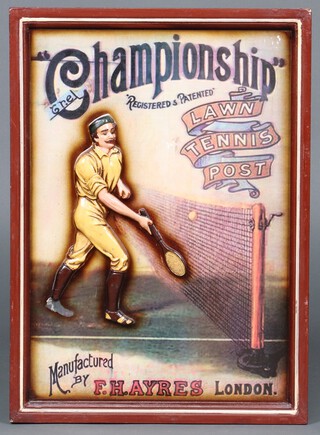 A reproduction 3 dimensional advertising poster "The Championship Lawn Tennis Post" 49cm x 34cm (players right foot is missing) 