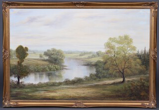 T Chilton, oil on canvas, study of a lake with trees 59m x 89cm, in a gilt frame 