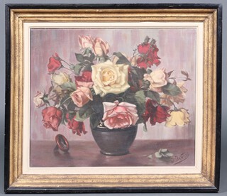 J Danto, oil on canvas signed, still life study of a vase of roses 50cm h x 57cm w 