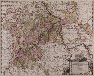 Gerard Valk, or Gerrit Leendertsz Valck (1652-1726), "Treverensis Regio Archiepiscopatus Electoratusque Titulo insignus" (Map of Southwestern Germany), 18th century engraving with hand-colouring, 49cm x 59cm, within a silvered frame together with an 18th Century German coloured map 16h x 21w (2)