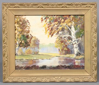 F Kruger?, Impressionist oil on board, study of river with trees, 22cm x 28cm within an art nouveau composition frame with stylised leaf ornament