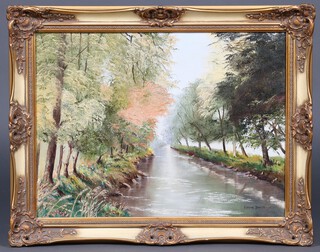 Gordon Draper, oil on canvas, wooded river scene 44cm x 60cm 