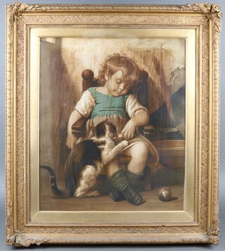 A 19th Century coloured print of a snoozing girl with cat 54h x 45w, contained in a gilt frame  