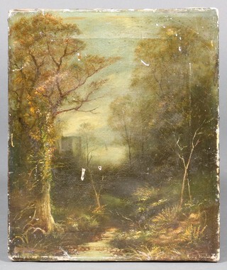 A 19th Century oil on canvas, wooded path with church in distance 30cm x 25cm, unframed