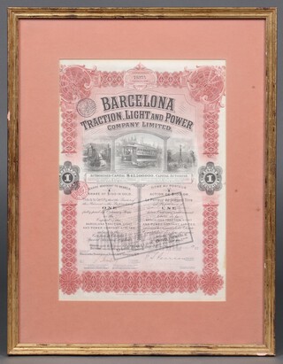 A framed share certificate for the Barcelona Traction, Light and Power Company Limited 35cm x 25cm 