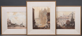 S Prout Delt, a pair of Continental coloured prints Cathedral scene numbered 12, 34cm x 26cm and St Mark's Square numbered 8, 26cm x 34cm together with W Collins RA, coloured print  "Juvenile Shrimpers, Deal"  25cm x 33cm 
