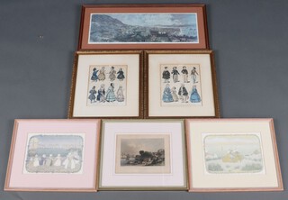 A coloured print, general view of Victoria Hong Kong 1866 18cm x 51cm, 2 coloured prints of Victorian costumes 21cm x 17cm, pair of coloured prints "Dance to Your Daddy and London Bridge" 18cm x 24cm together with a coloured print of Weymouth 14cm x 18cm 